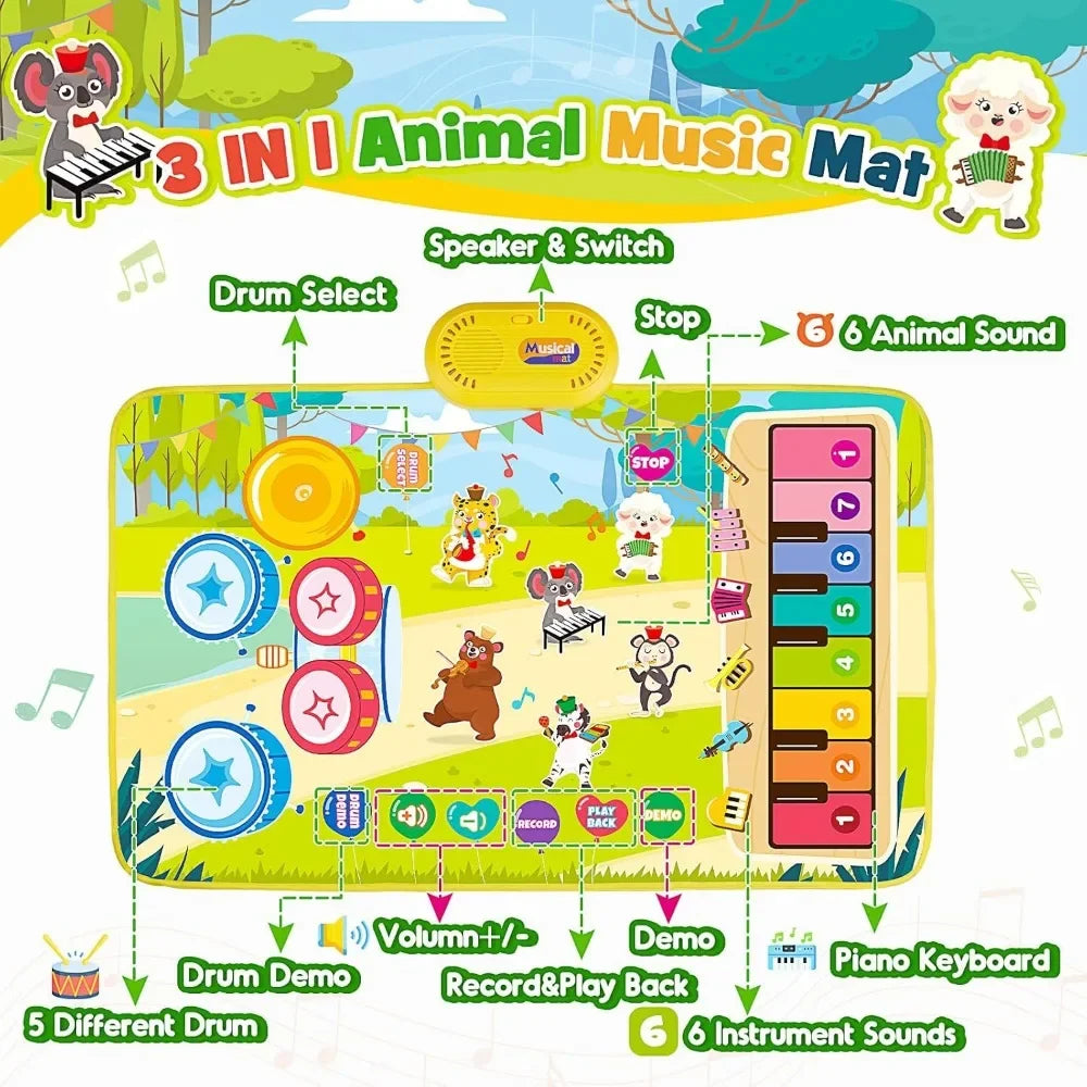 Education Dance Mat Toy for Kids ,3 in 1 Animal Musical Mat Toys,Music Playmats with 2 Sticks for Girls Piano Drum Birthday Gift Good Vibrations