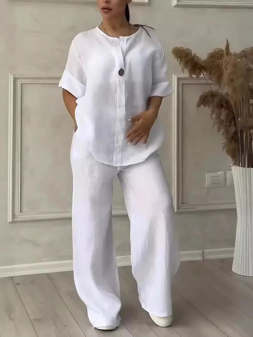 Muslim Sets Women 2 Piece Suit Shirt Wide Leg Pants Outfits 2025 Ensemble Button Lace Up Elastic Waist Blouse Straight Trousers Good Vibrations