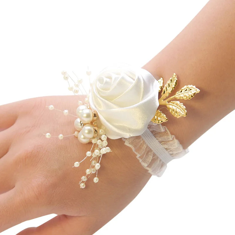 Bridesmaid Faux Rose Bracelet Wedding Wrist Corsage Polyester Ribbon Pearl Bow Bridal Gifts Hand Flowers Party Prom Accessories Good Vibrations