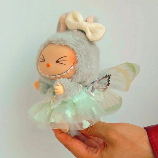 17cm mini plush doll wearing green butterfly princess dress with bow accessory