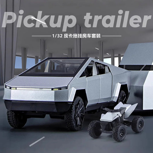 1:32 Toy Trucks for Boys Cybertruck Model Silver Pickup Truck Diecast Metal Toy Cars with Sound and Light for Kids Good Vibrations