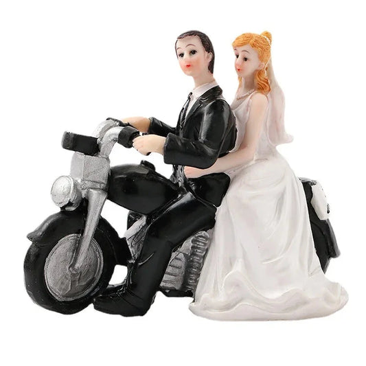 Resin Cake Topper Fashion Bride Groom on Motorcycle Figurine Wedding Ornament Good Vibrations