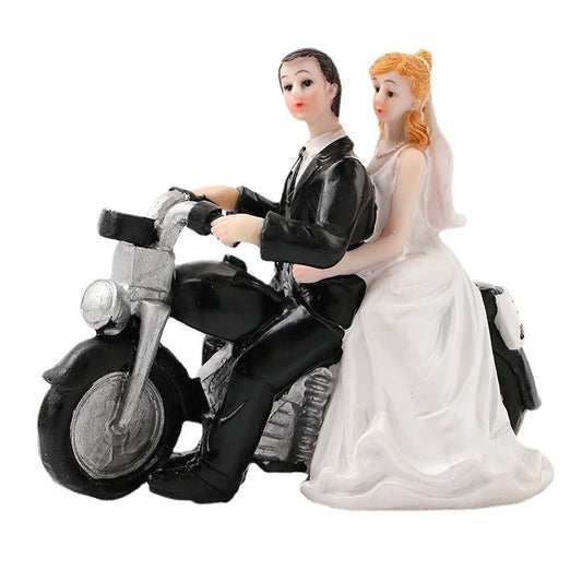 Resin Cake Topper Fashion Bride Groom on Motorcycle Figurine Wedding Ornament Good Vibrations
