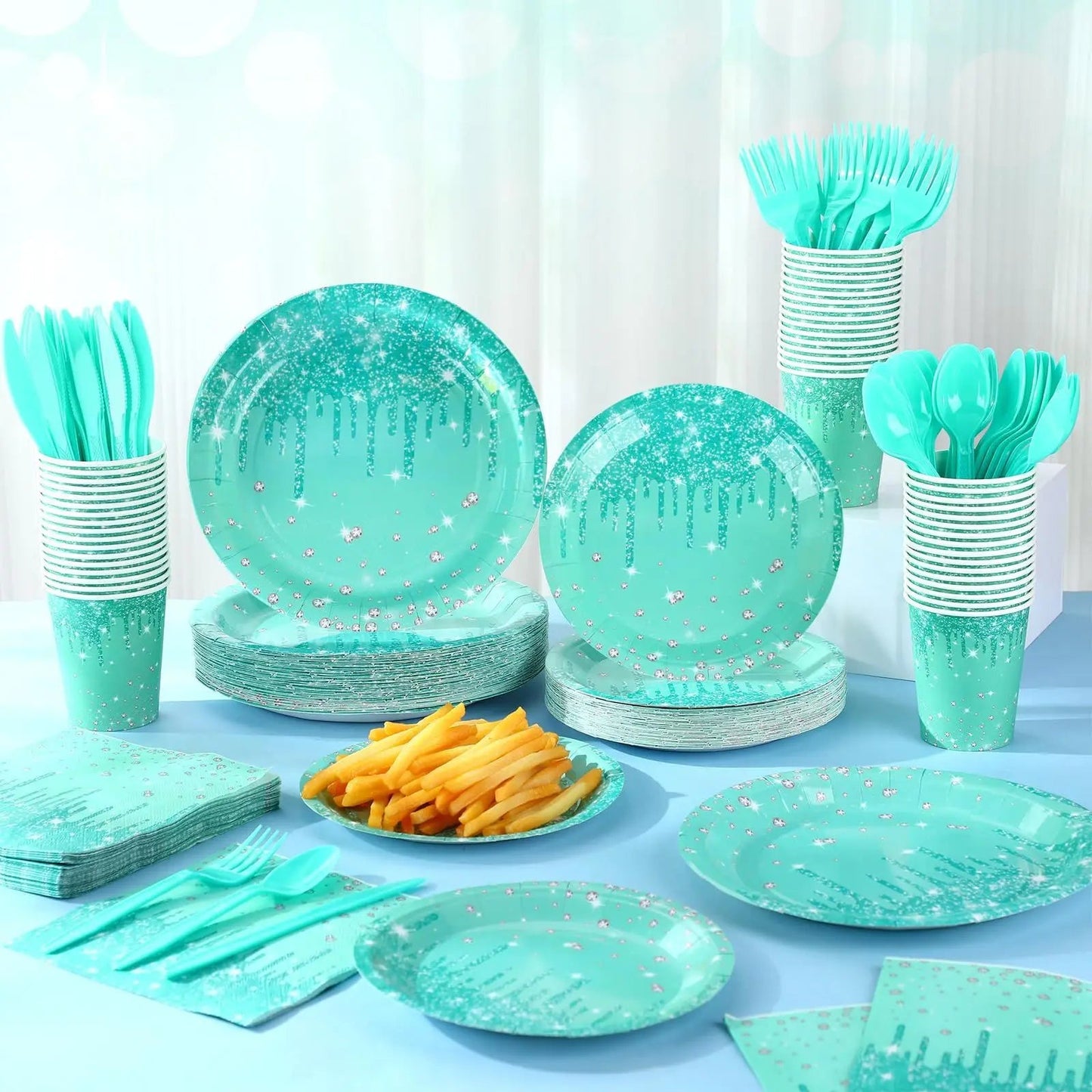 25PCS Paper Disposable Tableware Set Blue Green Glitter Plates Napkins & Cups for Ladies Birthday, Anniversary & Wedding Party Good Vibrations