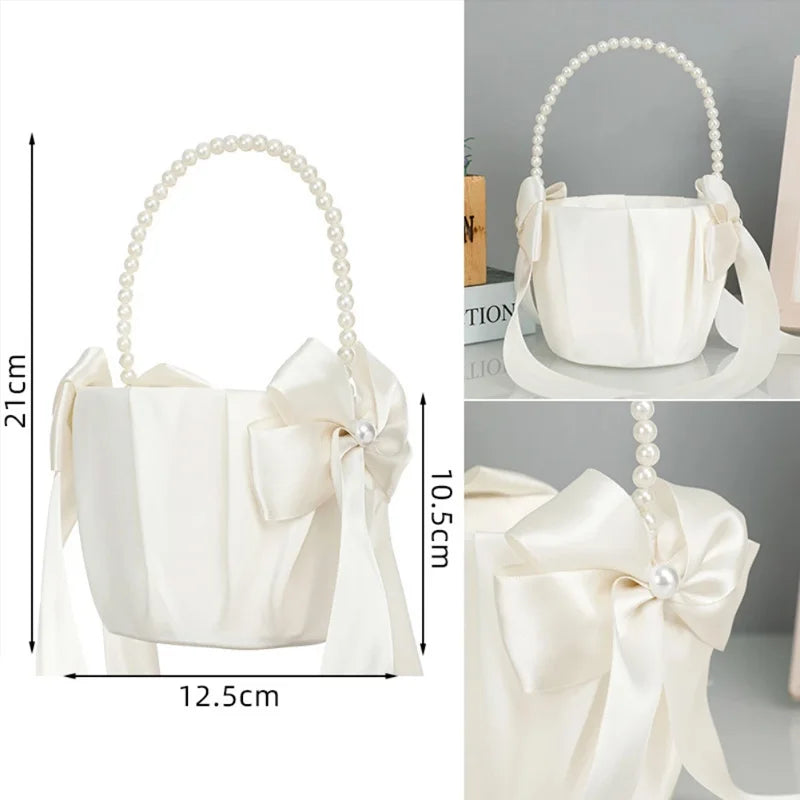 Flower Girl Basket Ring Bearer Pillow Set White Romantic Satin Bow Pearls Ring Pillow For Bride/Kid Wedding Ceremony Party Decor Good Vibrations