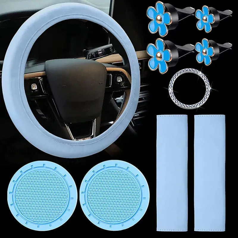 10 Pcs Leather Steering Wheel Cover For Women Cute Car Accessories Set With Seat Belt Shoulder Pads Cup Holders Car Decorations Good Vibrations Adult Super Store
