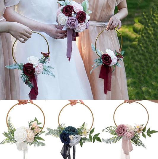 YeeNanee Wedding Gold Hoop Bouquet for Bridesmaids Floral Rose Eucalytpus Metal Ring Wreath Bridal Shower Ceremony Decoration Good Vibrations