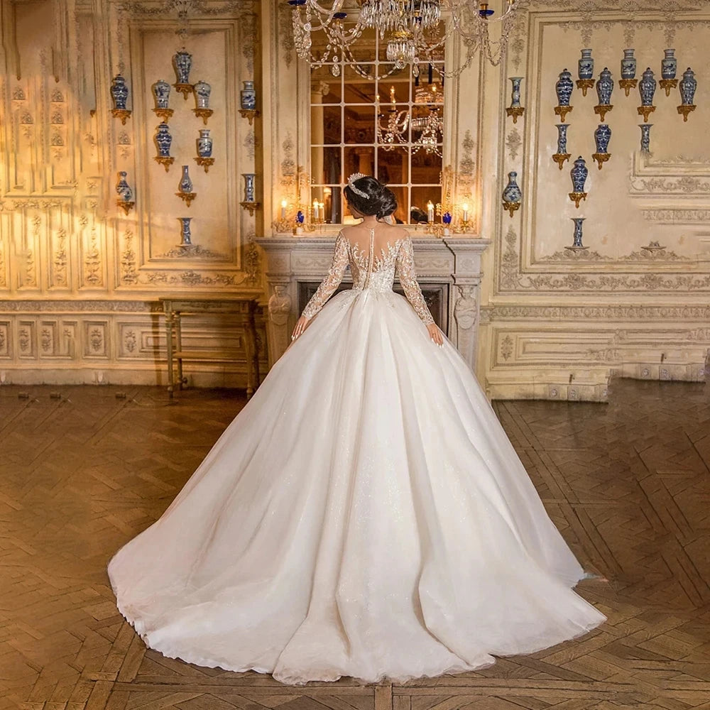 Gorgeous Wedding Dresses Bridal Gowns Lace Appliques Full Sleeves Robe A Line Glamorous Princess Vestidos De Novia Customized