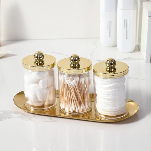2/3 Pack Qtip Holder Bathroom Set with Golden Tray Organizer Acrylic Plastic Apothecary Jars Qtip Dispenser Canister with Lid Good Vibrations