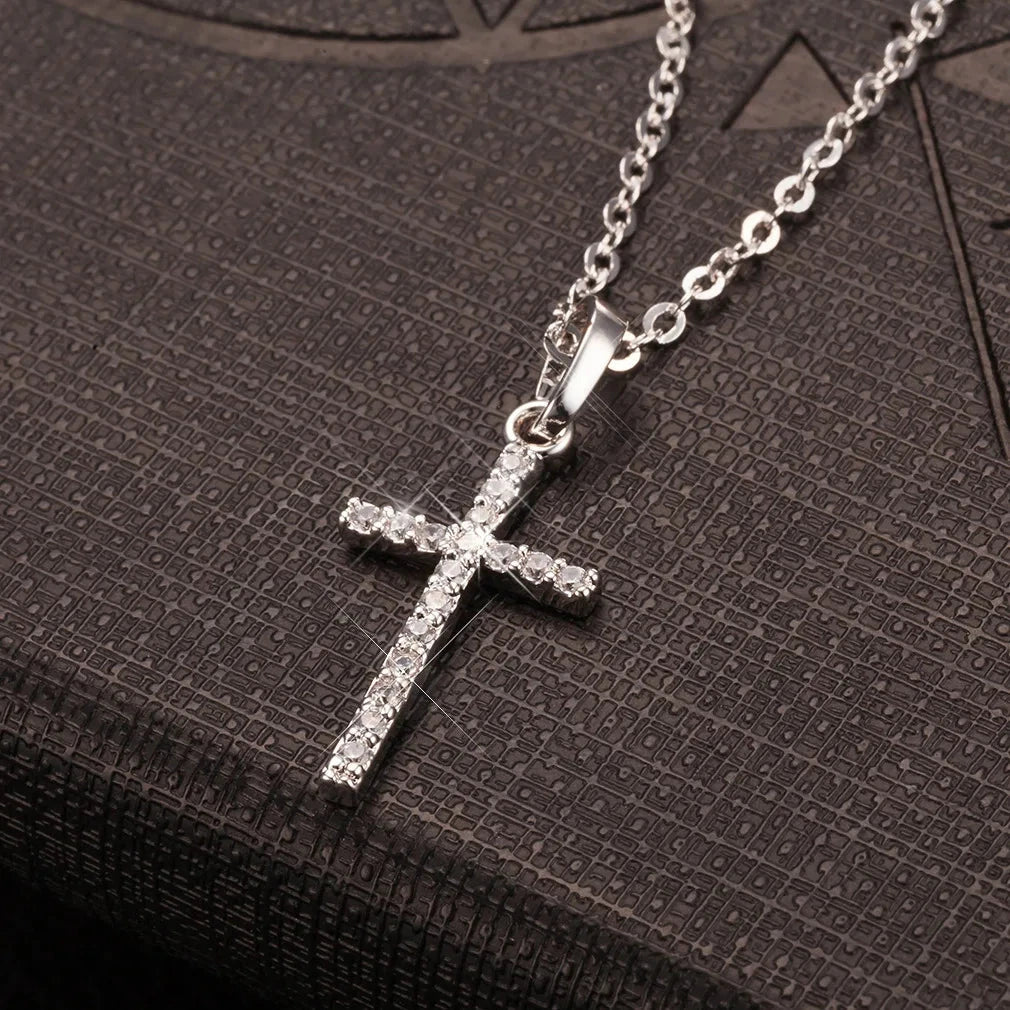 HipHop Fashion Cross Necklace For Women Crystal Zircon Men Necklace Metal Chains Choker Jesus Pendants Jewelry Gift Good Vibrations