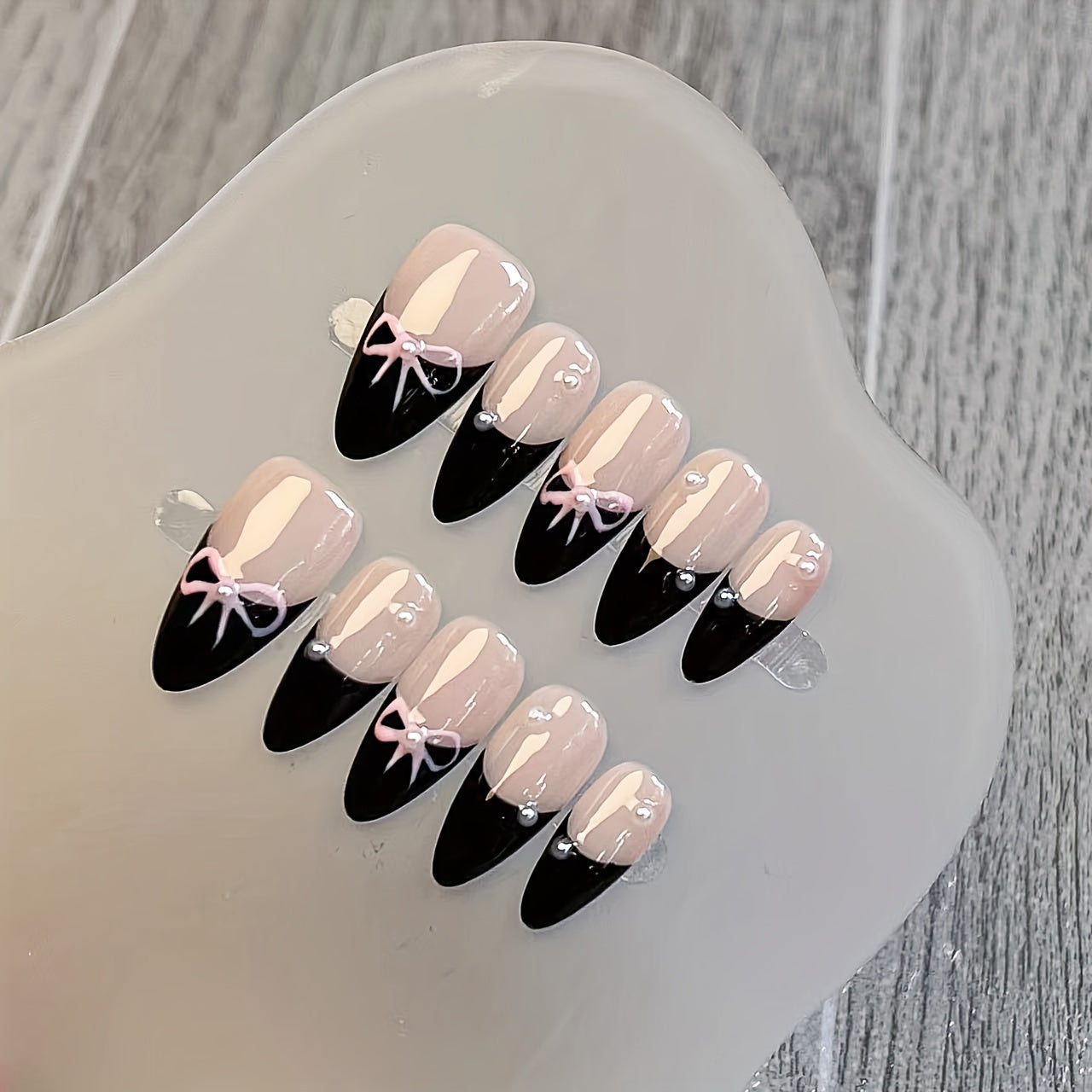 10 Pcs Hand-Painted Bow Tie Decorated French Manicure Press-On Nail Tips with Pearl Accents - Black and Pink Color Scheme, Almond Shape, Medium Length Good Vibrations