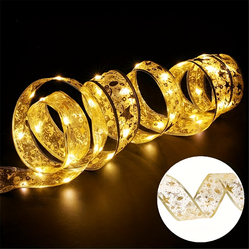 78.74/196.85/393.7inch Golden And Silver Christmas Ribbon Fairy Lights, With Ribbon Bows And Butterfly Decorations, For Garden Home, Living Room, Halloween, Christmas, Wedding Decoration, Christmas Tree Decoration, Novel Ligh Good Vibrations