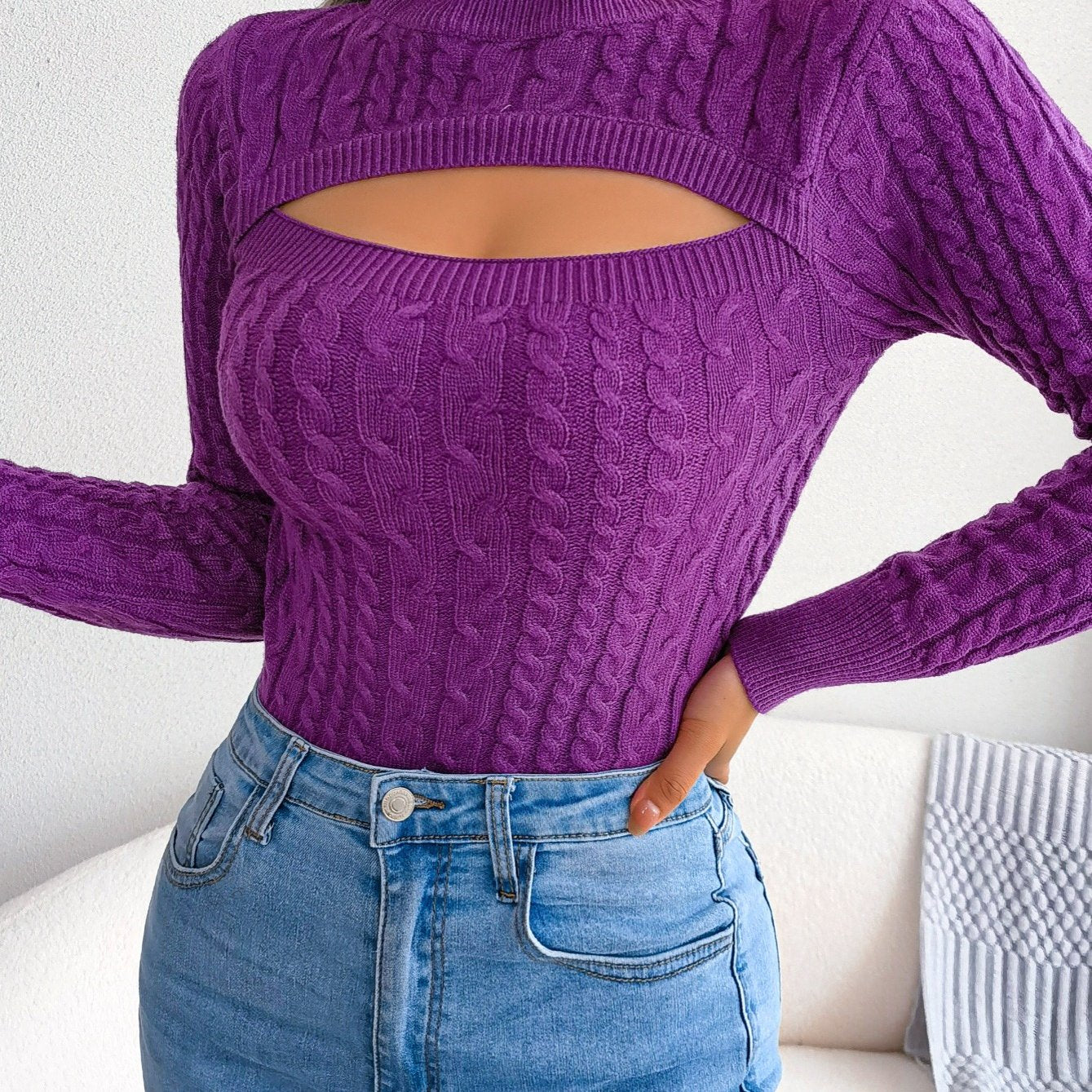 Long Sleeve High Stretch Acrylic Blend Women's Sexy Hollow-Out Knit Pullover Sweater, Skinny Fit, Solid Color, Spring/Fall Fashion Top, Crew Neck, Polyester 28%, Polyamide 22%, Viscose 28% Good Vibrations