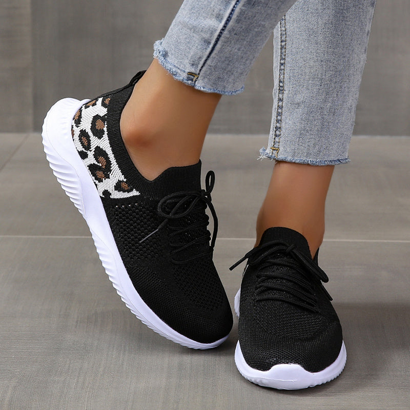 Women's Casual Sneakers, Flying Woven Leopard Pattern Breathable Lace-up Running Shoes, Women's Footwear plus size Good Vibrations