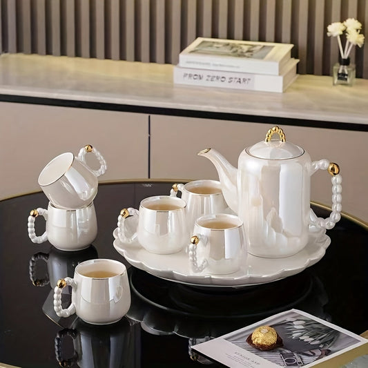 Elegant European Pearl Glazed Porcelain Tea Set - Perfect for Daily Life: Includes Pearl White Porcelain Teapot, Sugar Milk Oil Teapot, and 6 Exquisite Tea Cups. Suitable for Christmas and Thanksgiving Holidays. Good Vibrations