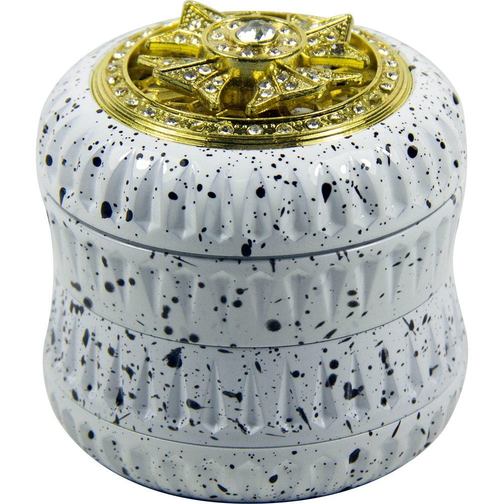 4-Layer Aluminum Herb Grinder with Built-in Fidget Spinner Top, Unique Star-Shaped Spinner Design with Embedded Rhinestones, Textured Body with Colorful Speckled Pattern for Enhanced Grip, Durable Construction and Smooth Grin Good Vibrations Adult Super Store