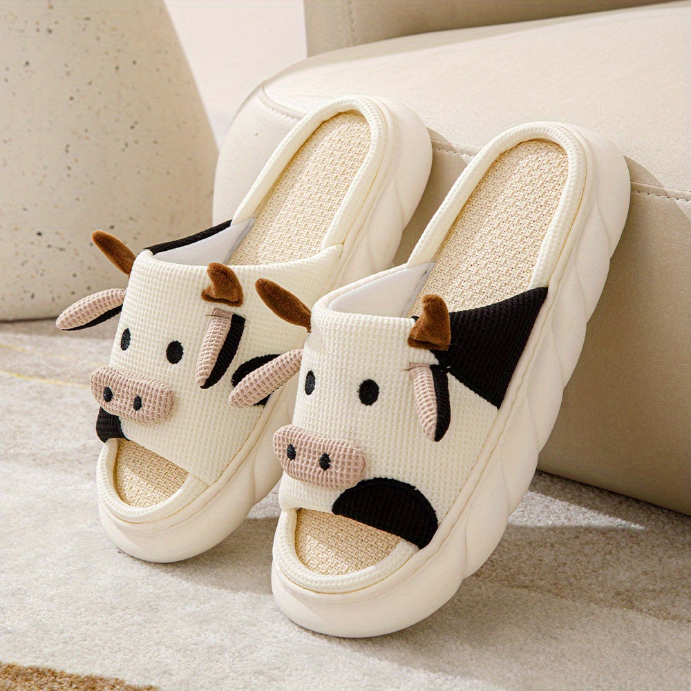 Women's Cartoon Cute Cow House Slippers, Platform Soft Sole Anti-slip Warm Plush Home Slides, Women's Indoor Cozy Shoes Good Vibrations