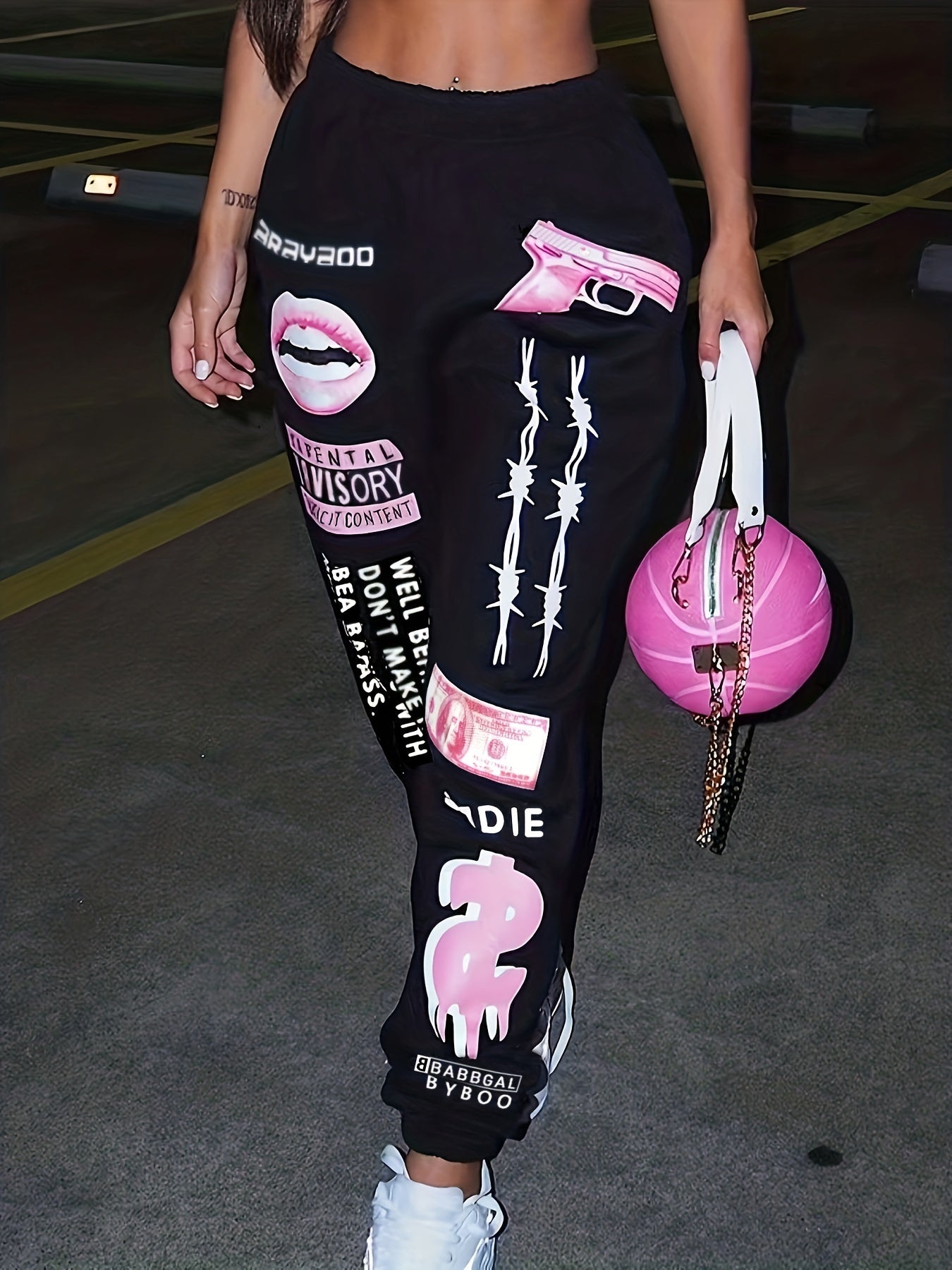 Women's Print Fashion Elastic Waist Sports Casual Sweater Oversize Pants Bottom TB5553 Plus Good Vibrations