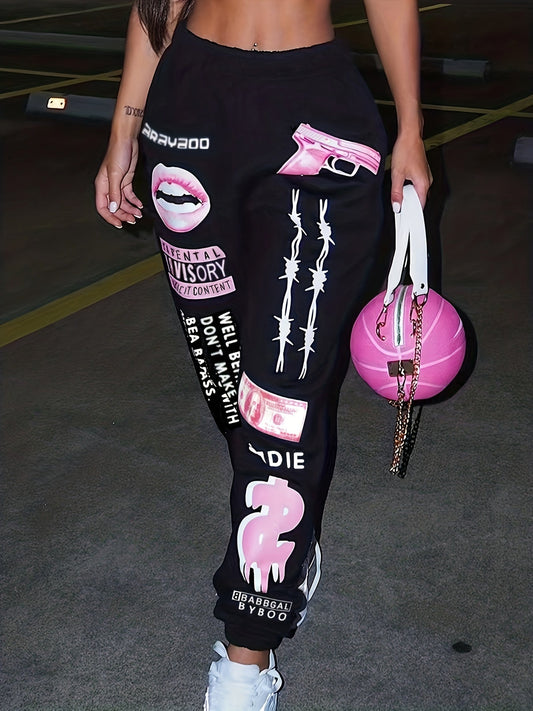 Women's Print Fashion Elastic Waist Sports Casual Sweater Oversize Pants Bottom TB5553 Plus Good Vibrations