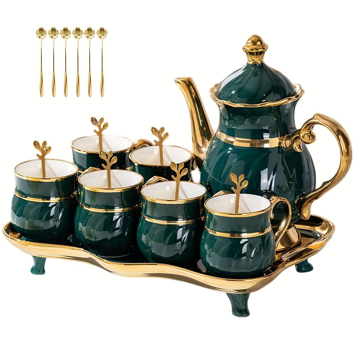 14-Pieces Luxurious Porcelain Teapot Set - Includes Ceramic Coffee Cups, Teacups, Golden Spoon, Tea Party Tray Holder, and Gift Sets for Elegant Entertaining Good Vibrations