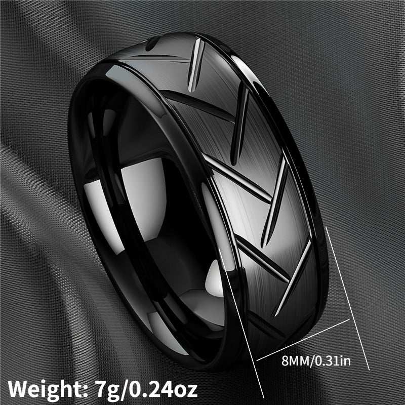 1pc 8MM Luxury High Quality Black Titanium Steel Ring Fashion Simple Men's Black Stainless Steel Wire Groove Tire Ring Artificial Jewelry Lover Gift Good Vibrations