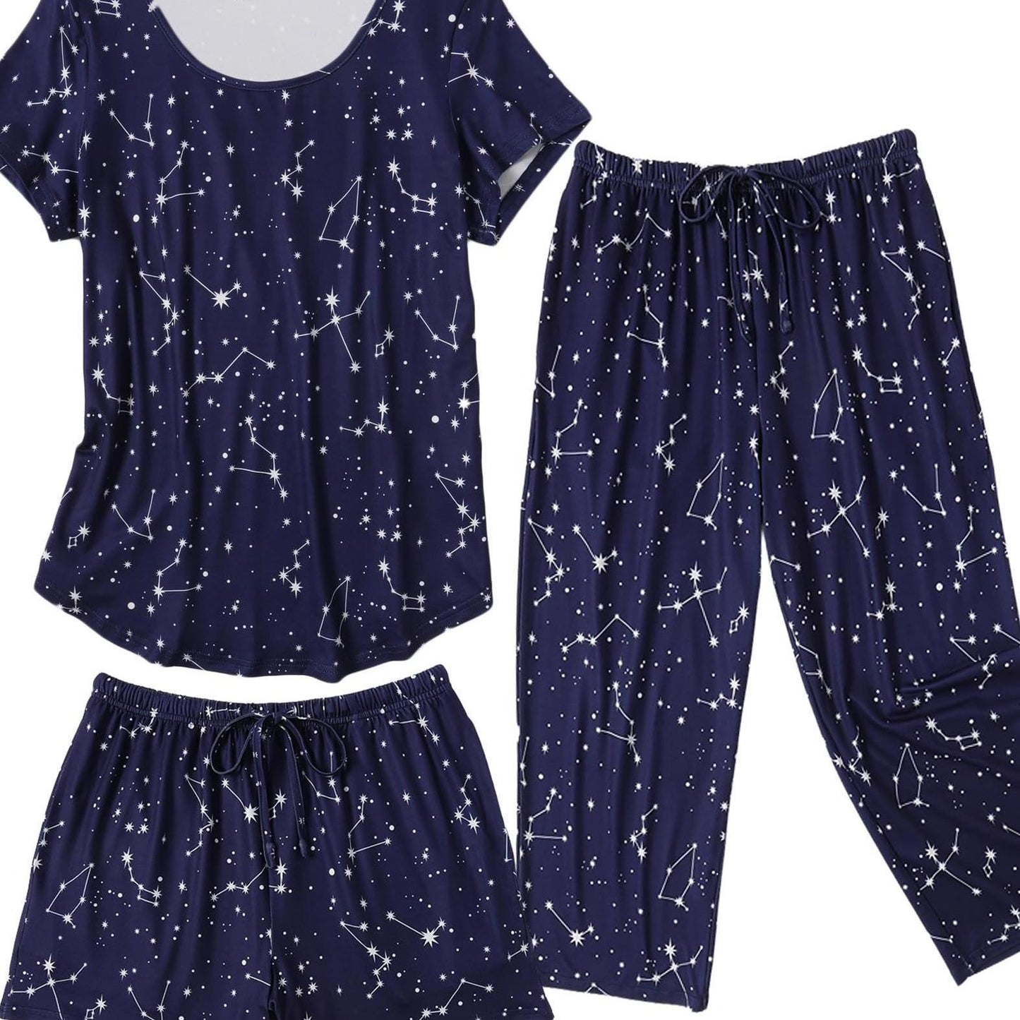 Fashion 3 PCS Capri Pajamas For Women Set Nightwear Housing Suit Super-Soft Housewear Casual Nightsuit Sleeping Suit Short Sleeve Pajama Sets Sleepsuit Floral Pj Sets Soft Sleepwear With Pockets Plus Size S-XXL Good Vibrations