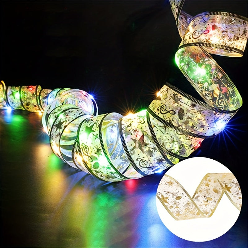 78.74/196.85/393.7inch Golden And Silver Christmas Ribbon Fairy Lights, With Ribbon Bows And Butterfly Decorations, For Garden Home, Living Room, Halloween, Christmas, Wedding Decoration, Christmas Tree Decoration, Novel Ligh Good Vibrations
