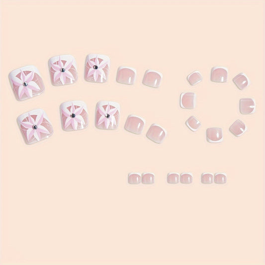 24pc Fair-Toned Short Square Glossy Press-On Toe Nails - Elegant French Tip Design with Floral Accents and Rhinestone, Removable, Adhesive Jelly Tabs & Nail File Included for Easy Application - Fashionable Wearable Nail Tips Good Vibrations