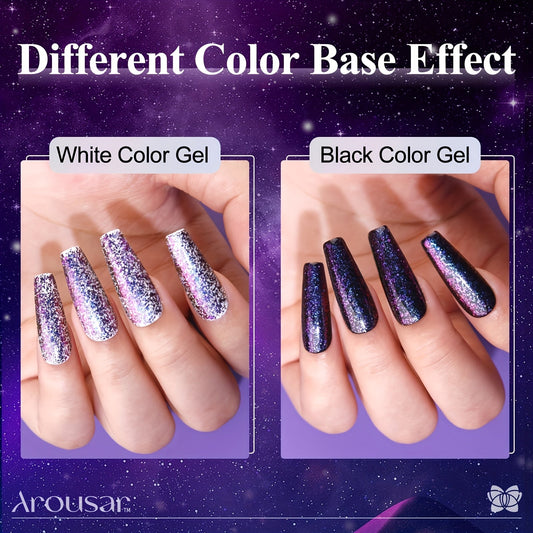 Arousar Cat Eye Gel Polish Set, 16pcs Chameleon Gel Nail Polish Black Purple Glitter Silver Changing Magic Galaxy Effect Kit With Base Top Coat, LED Nail Lamp, Cuticle Oil And Manicure Tools Good Vibrations