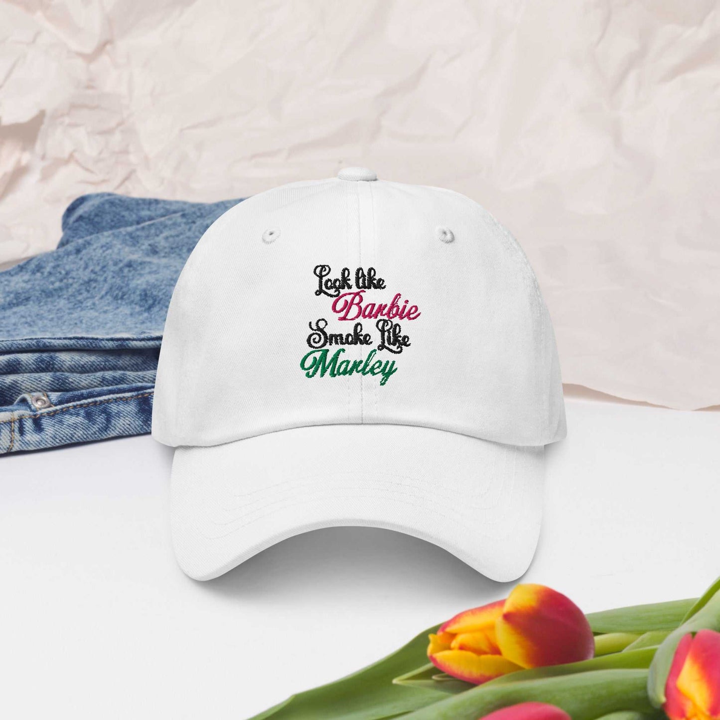 Barbie Marley Hat with adjustable strap and curved visor, white color.