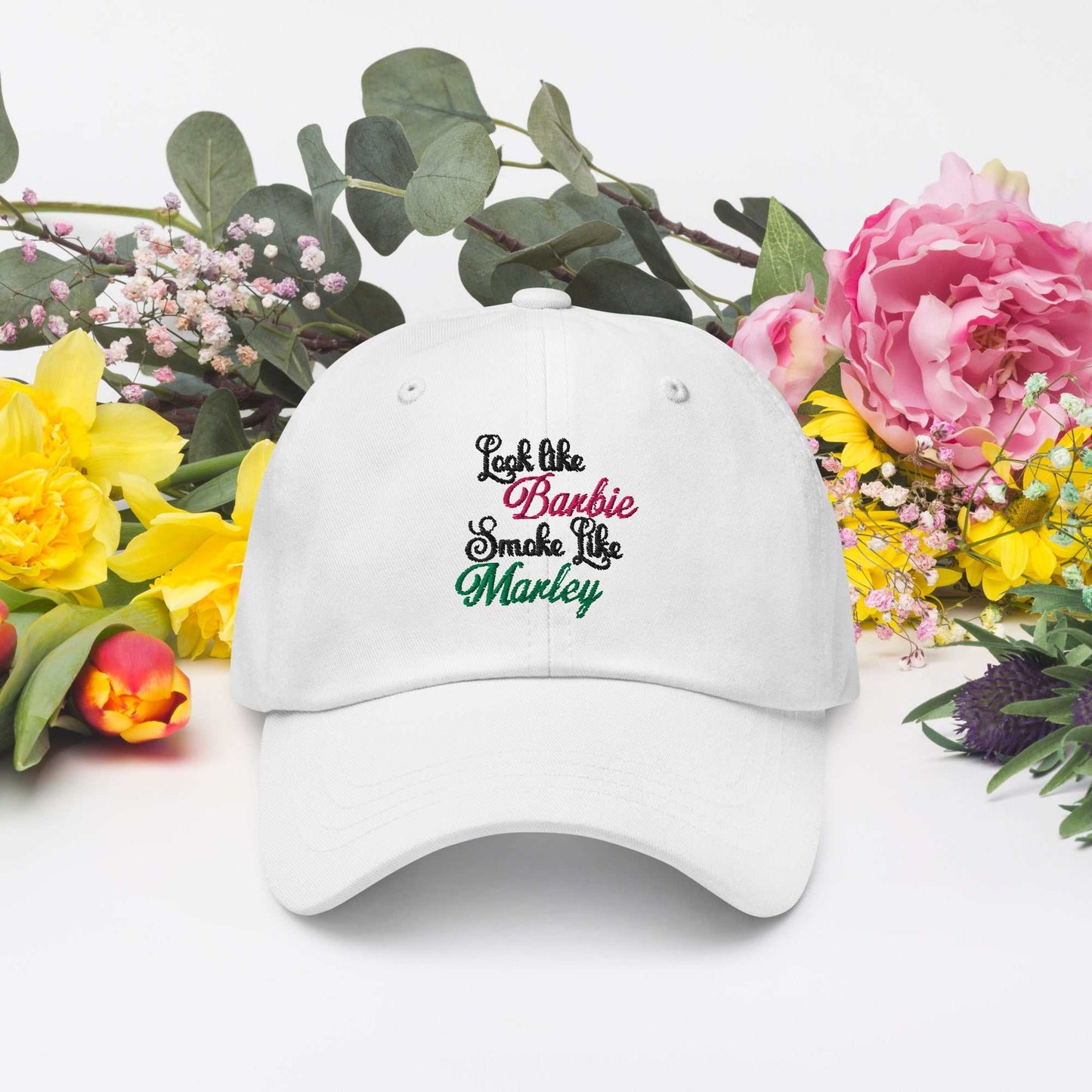 Barbie Marley Hat with embroidered text, surrounded by colorful flowers.
