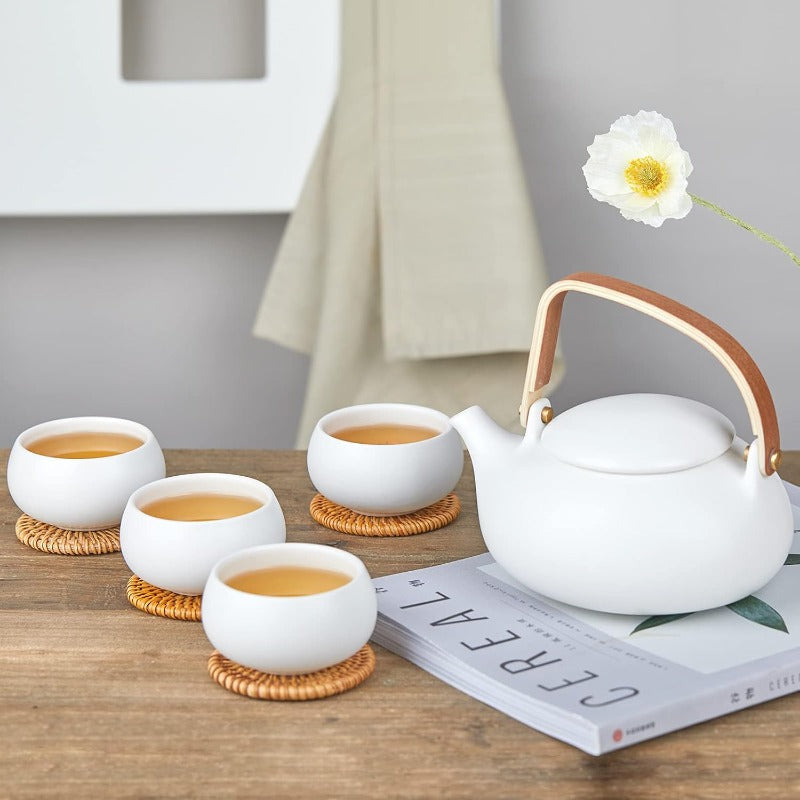 ZENS Modern Japanese Tea Set 27 oz Ceramic Japanese Teapot with Fine Stainers and 4 Cups for Loose Leaf Tea Steeper Wood Handle Matte Japanese Teapots Hot Tea Brewer for Tea Party Women Gifts Good Vibrations