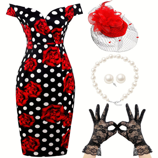 5pcs Women's Retro Polka Dot Floral Spring Dress for Derby Tea Party - Vintage Pencil Costume Classic Good Vibrations