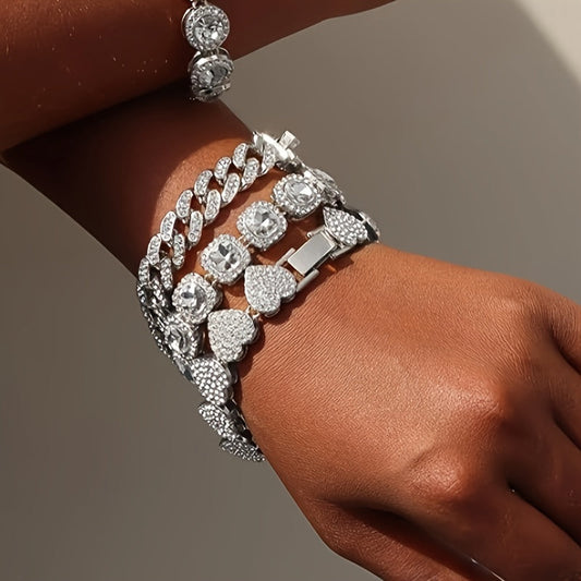 4 Piece Set Bracelet Women Cluster Tennis Bracelet Women Heart Round Cuban Bracelet Layered Link Bracelet Set Fashion Jewelry Women Set Good Vibrations