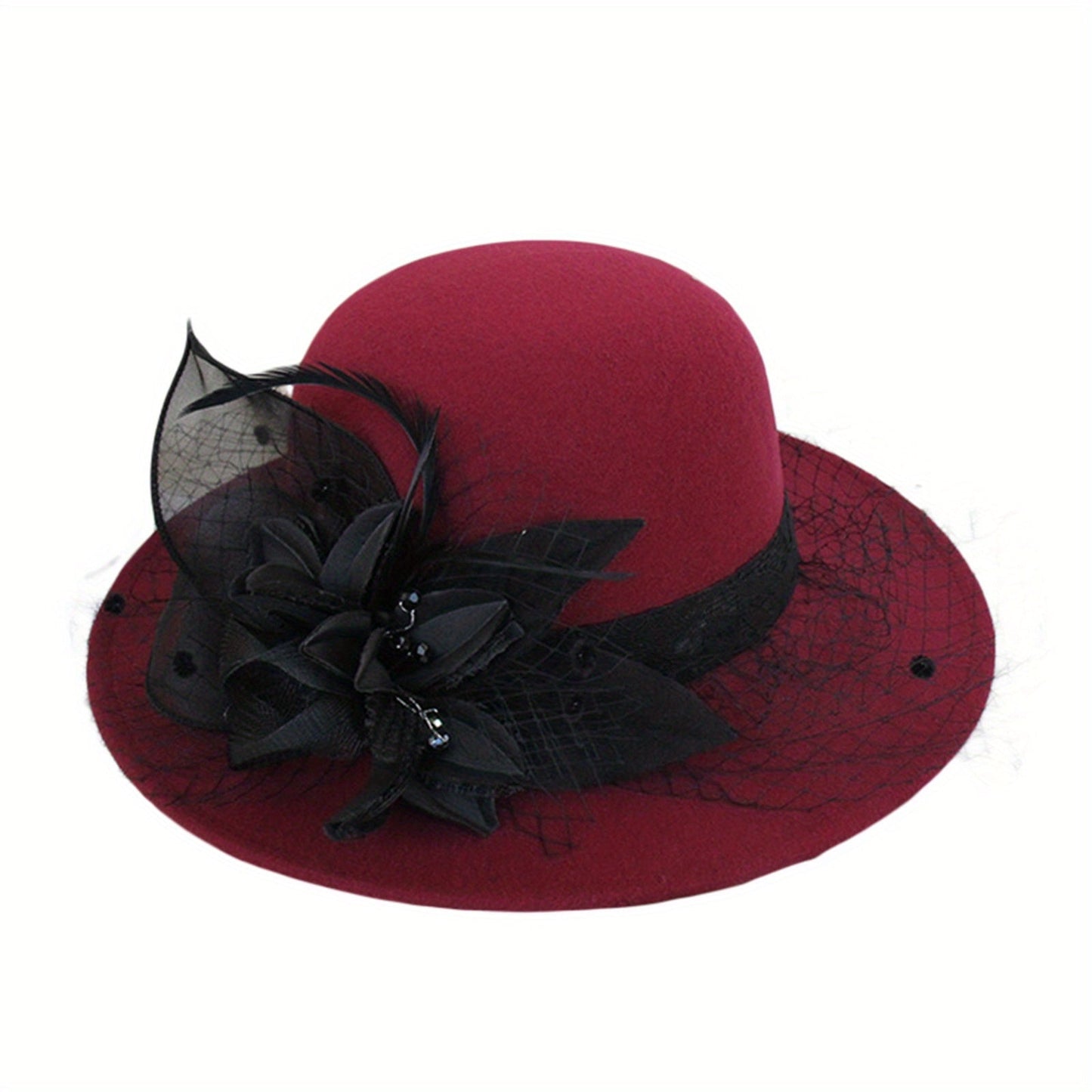 Women's Wide Brim Fedora Hat with Black Lace Veil & Floral Decor - Non- Derby Cap for Church, Bridal Tea Party, Formal Events Good Vibrations
