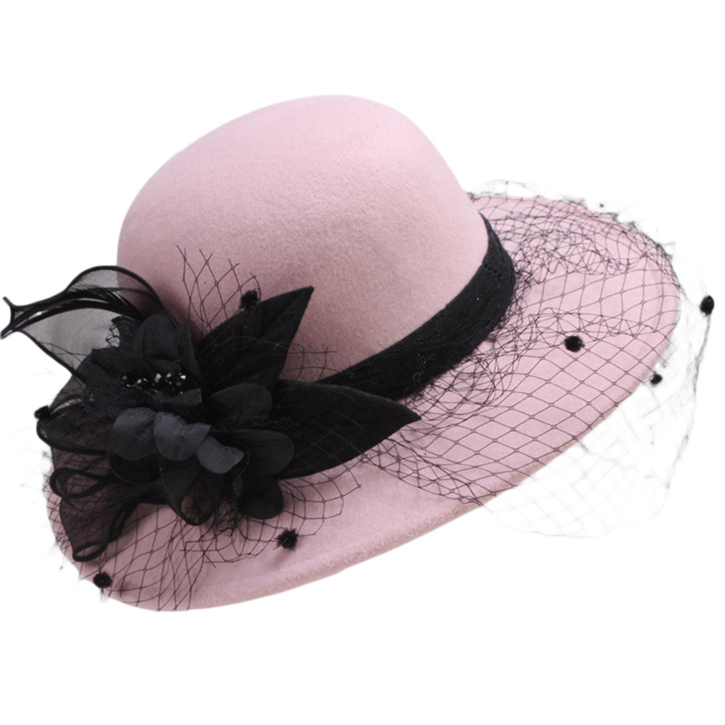 Women's Wide Brim Fedora Hat with Black Lace Veil & Floral Decor - Non- Derby Cap for Church, Bridal Tea Party, Formal Events Good Vibrations