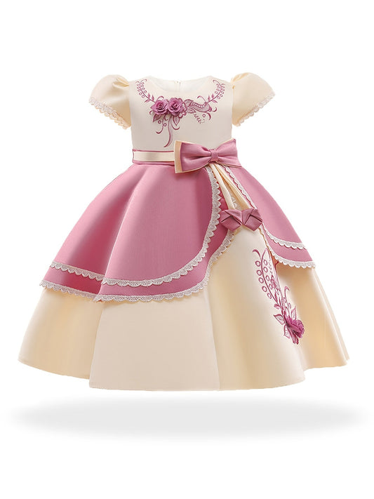 Girls Princess Dress Short Sleeve Embroidered Flower Bow Lace Dress Performance Dress Wedding Flower Girls For Evening Birthday Party Kids Clothes Good Vibrations
