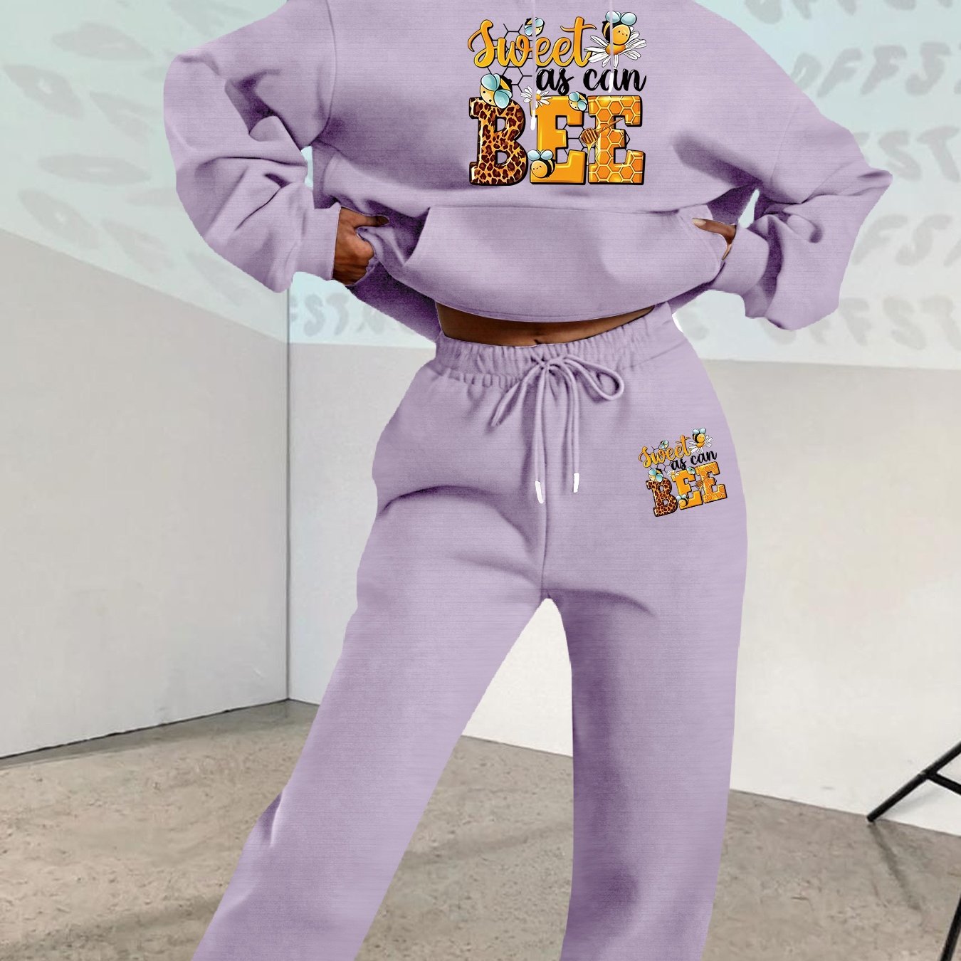 2025 Autumn Winter New Arrival, Sweet Cool Long Neck Deer Pattern Suit, Casual Letter Print Loose Warm Long Sleeve Hooded Sweatshirt with Elastic Drawstring Waist Pants Two-Piece Set, Women Two-piece Set Large Size Striped Ch Good Vibrations