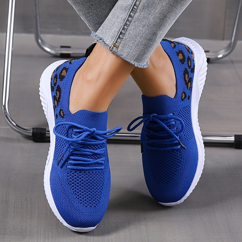 Women's Casual Sneakers, Flying Woven Leopard Pattern Breathable Lace-up Running Shoes, Women's Footwear plus size Good Vibrations