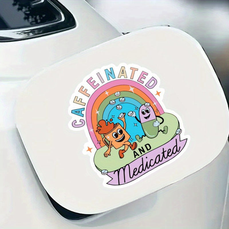 Whimsical "Caffeinated and Medicated" Vinyl Sticker - Sunproof & Waterproof with Matte Finish, Perfect for Laptops, Skateboards, Bikes, Cars, Suitcases & Water Bottles Good Vibrations Adult Super Store