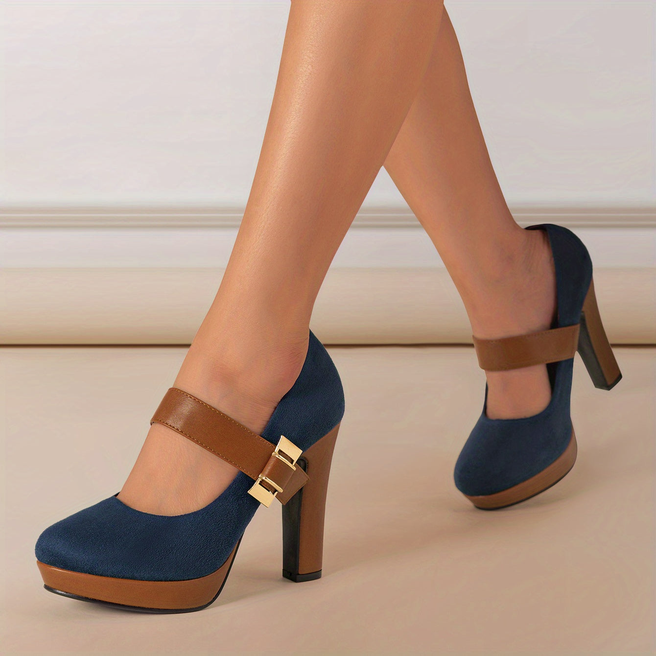 Women's Retro Style Round Toe High Heeled Pumps, Buckle Platform Block Heel Shoes, Women's Footwear Good Vibrations
