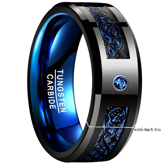 8Mm Wide Inlaid Black Dragon Pattern Blue Carbon Fiber Men'S Tungsten Ring USA Size 7-14, Without Battery Good Vibrations