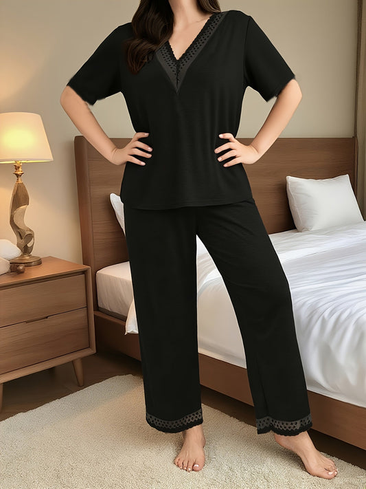 Women'S Plus Size V-Neck Short Sleeve Top & Lace Trim Pants Set - 2pcs, Solid Color, All-Season Comfort, Casual Wear, Casual Wear|Vneck Top|Stretchy Fabric, Curvy Women Pajamas, Large Size Women Pajamas, Pajamas For Sleeping Good Vibrations