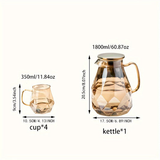 Set, Geometric Glass Pitcher And Glass Cups, 1800ml/60.87oz Drink Pitcher And 4pcs 350ml/11.84oz Water Cups, Heat Resistant Tea Set, Home Decor, Room Decor, Gifts Good Vibrations