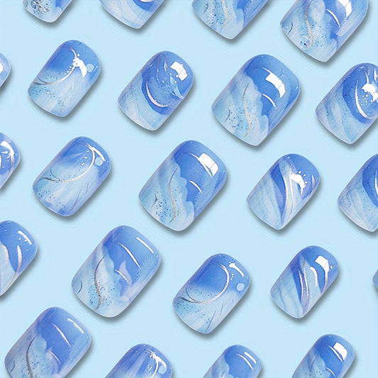 24-Piece Blue Ocean Wave Colorblock Aura Short Square Press-On Nails, Removable Glossy Nail Set for Women and Girls, Fashion Wearable Nail Tips for Fingers and Toes Good Vibrations