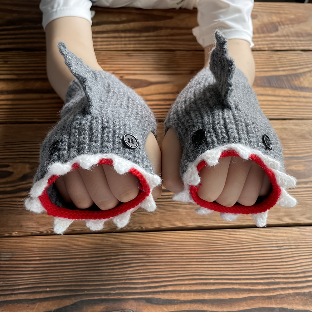 1pair Funny Handmade Shark Gloves - Wool Winter Warm Half-finger Gloves for Christmas Gifts for stocking stuffers Good Vibrations
