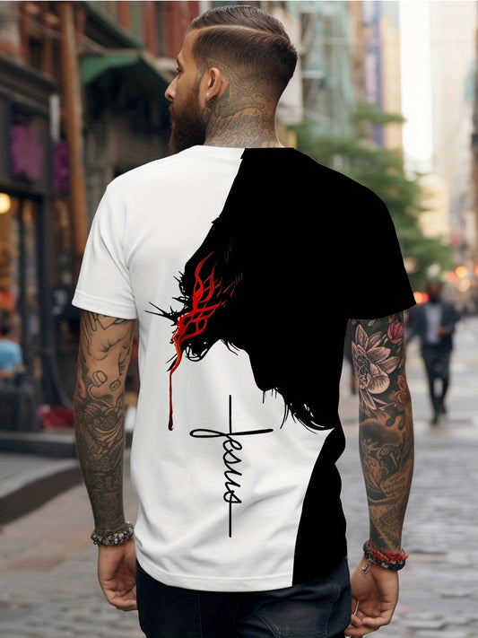 Jesus Print, Men's Graphic Design Crew Neck Novel T-shirt, Casual Comfy Tees Tshirts For Summer, Men's Clothing Tops For Daily Vacation Resorts Good Vibrations