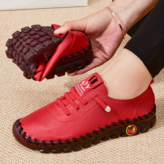 Women's Beige & Burgundy Round-Toe Casual Shoes - All-Season Synthetic Cover-like Upper with Cushioned PVC Sole, Round-Toe Walking Shoes for Square Dance, Dance Practice, Daily Wear - Comfortable Dress Footwear (Hand Washable Good Vibrations