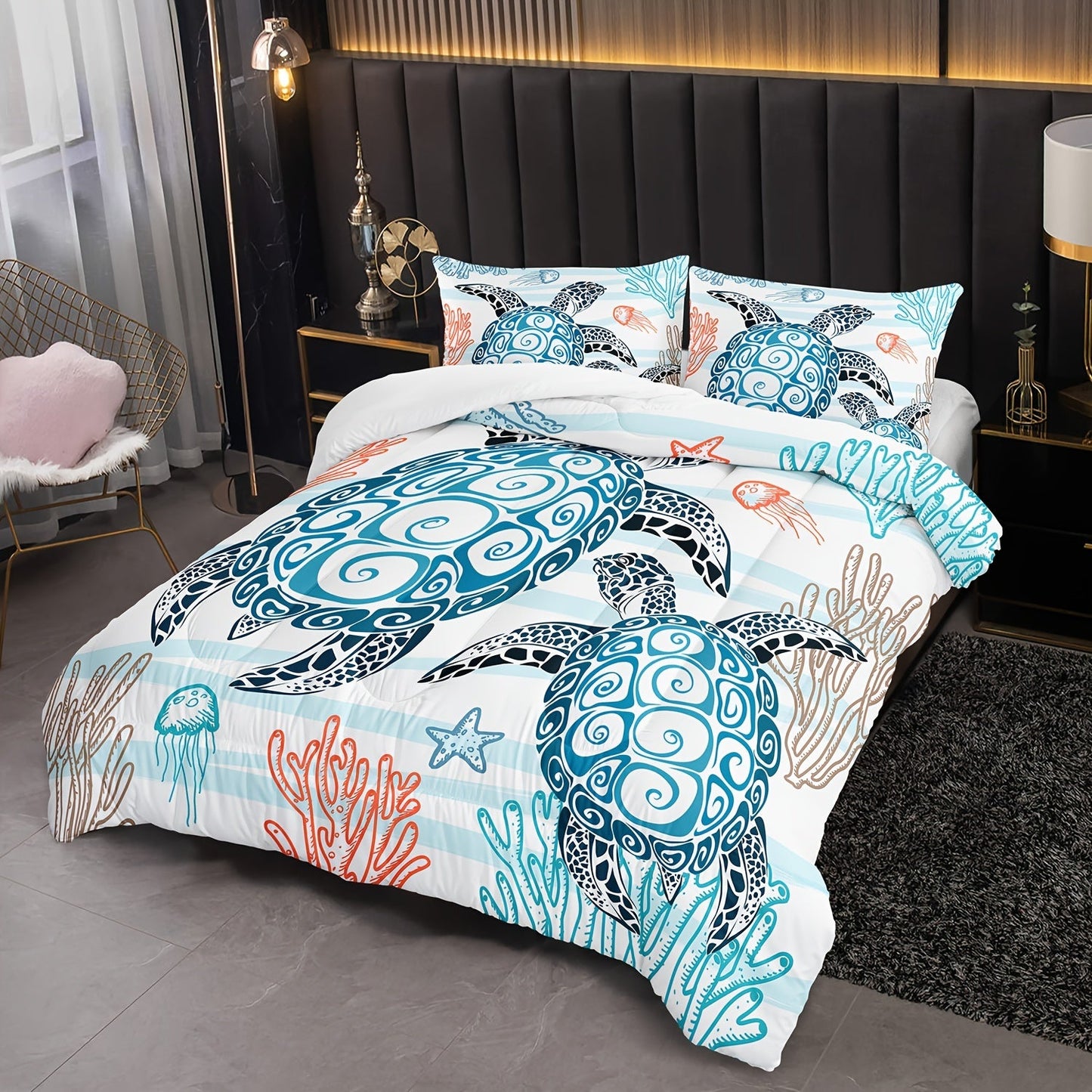 3pcs Modern Fashion Polyester Comforter Set (1*Comforter + 2*Pillowcase, Without Core), Cute Turtle, Starfish, And Jellyfish Print Bedding Set, Soft Comfortable And Skin-friendly Comforter For Bedroom, Guest Room Good Vibrations