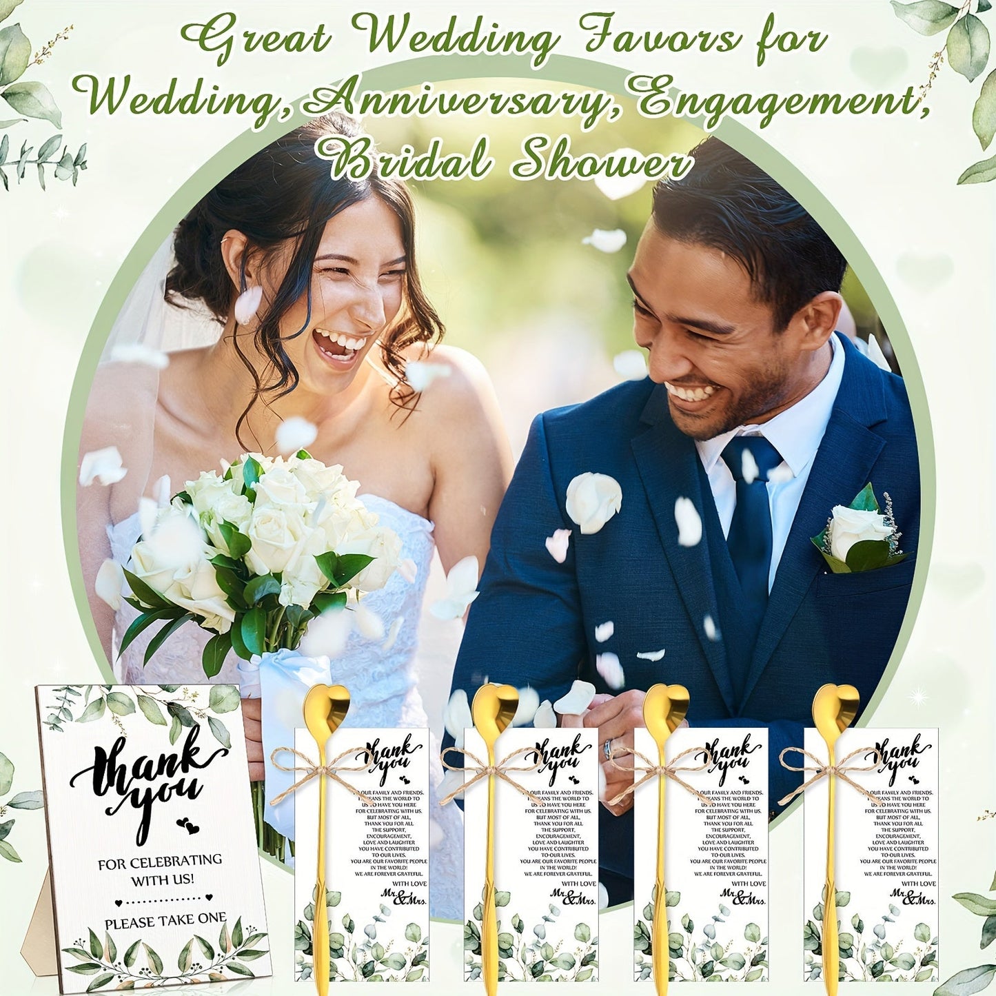 103 pcs 103-Piece Bridal Shower Tea Party Favors: Heart-Shaped Tea Spoons, Greenery Sign, Thank You Cards & Hemp Rope Gifts for Wedding Guests Good Vibrations
